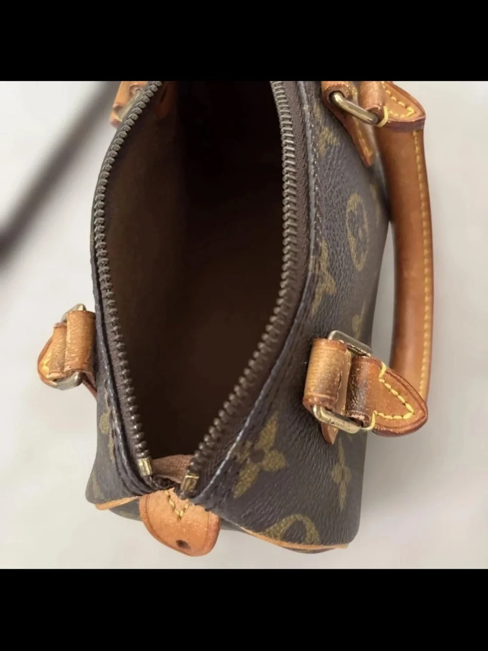 Louis Vuitton Brown Monogram Mini Speedy with Tan Trim and Long Strap
